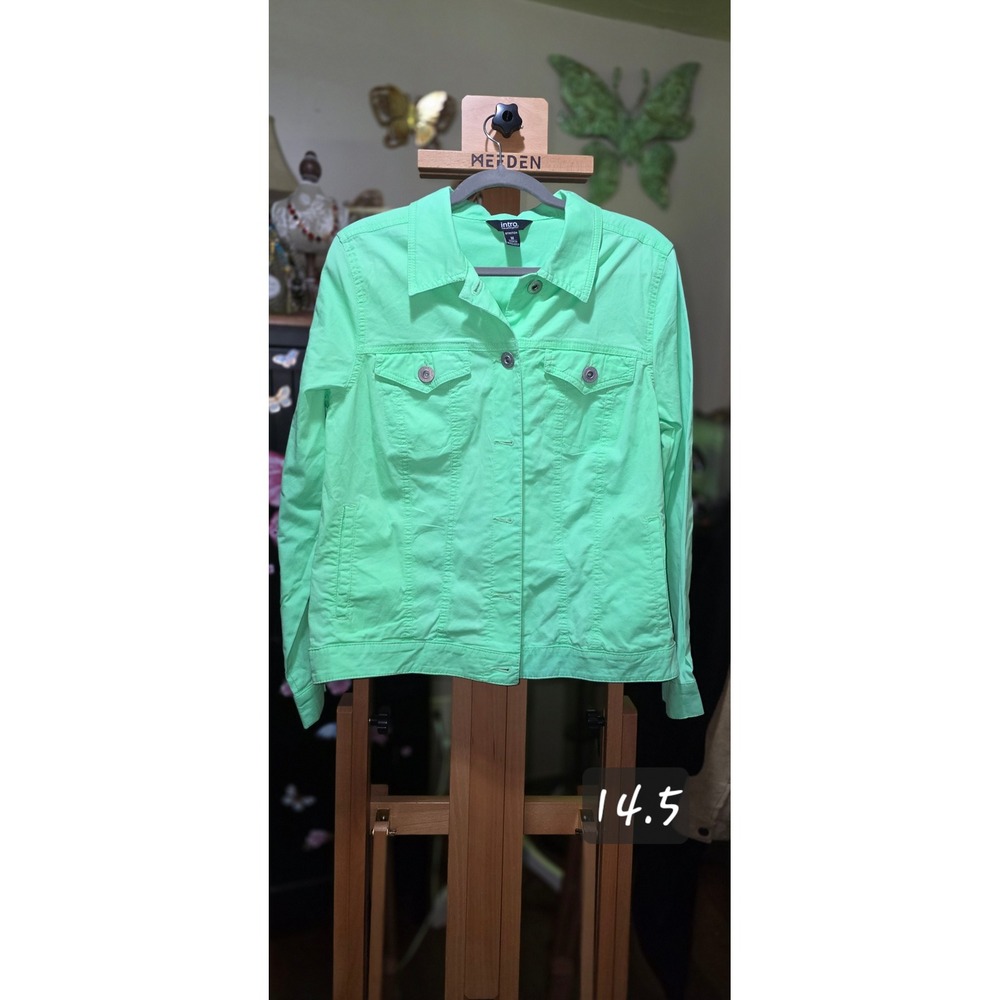 Intro Womens Neon Mint Green Denim Style Jacket Button Front Stretch Size M